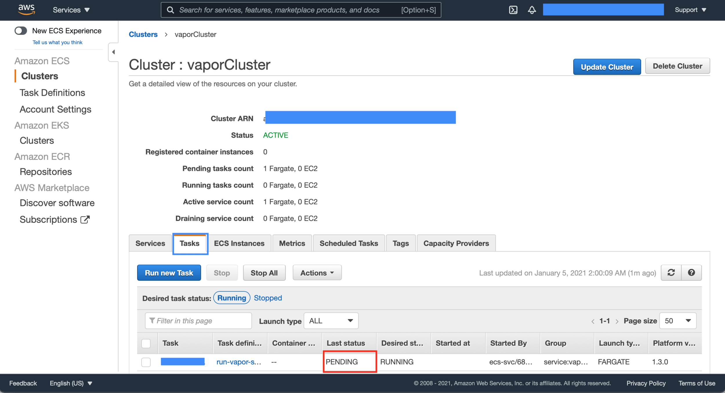 You pushed the Docker image to the ECR. The ECS Fargate task is automatically started to run the Vapor container. Let's check the Fargate task's status. You may find-out the problem. Its status is pending. Why?