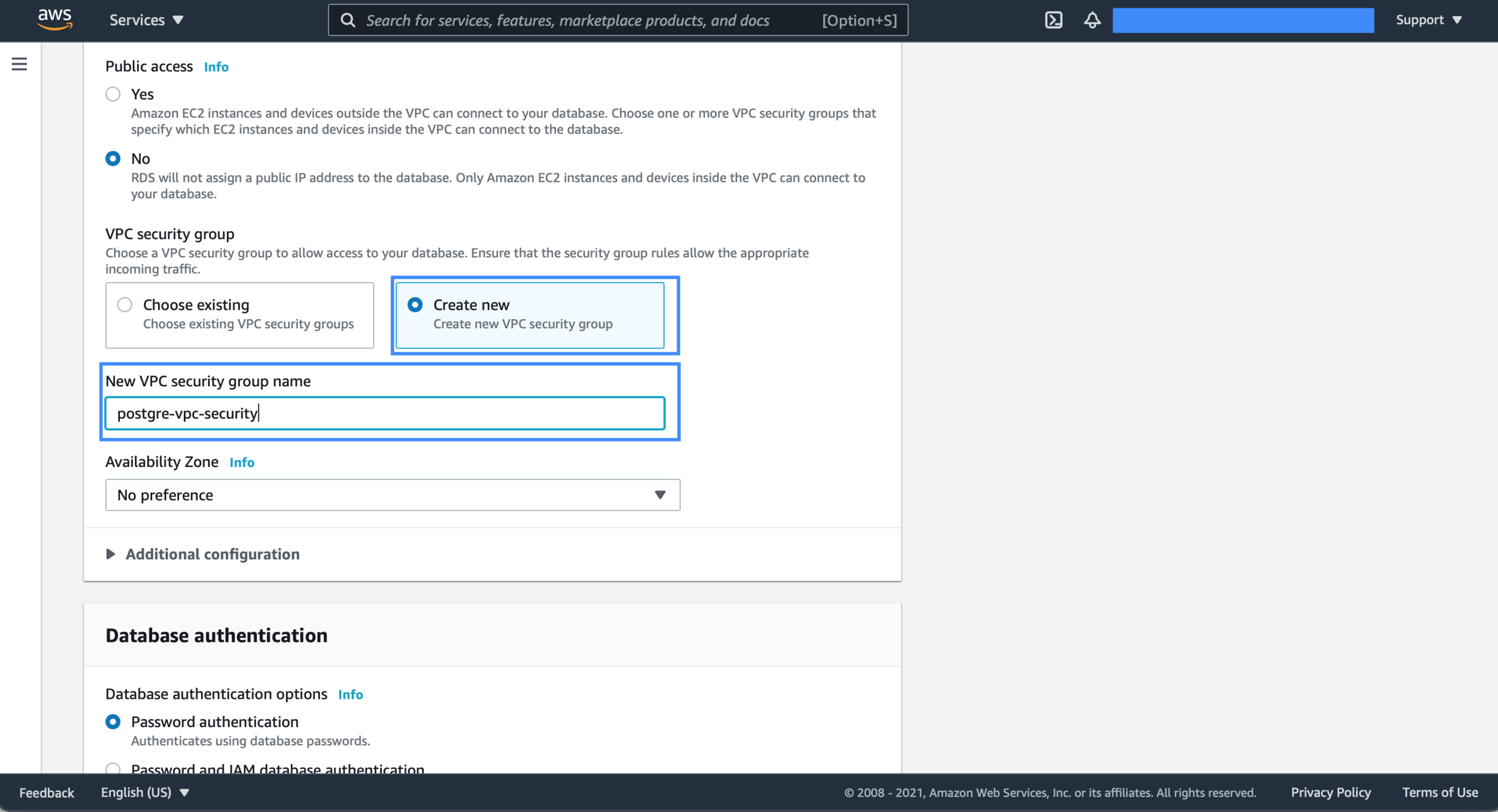 Create New VPC security group to set the inbound for PostgreSQL default port 5432.
