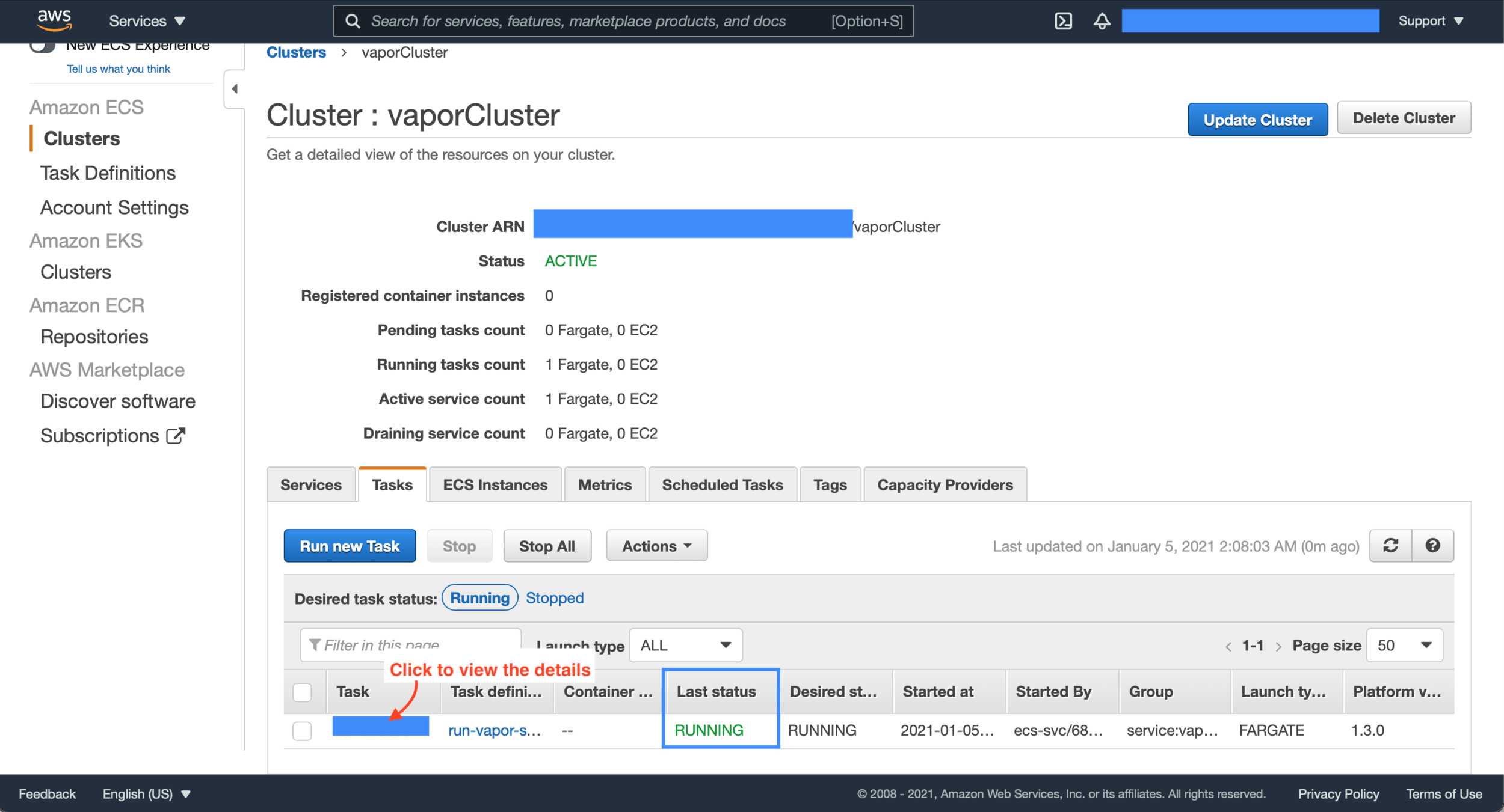 Let's recheck the Fargate task. Its status is updated to Running. You resolve the RDS accessing problem!