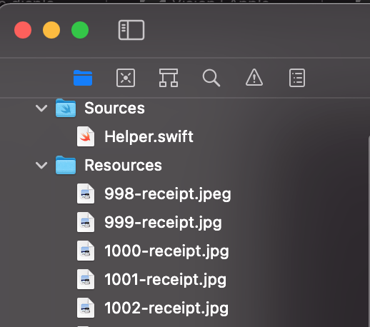 Drag receipt images into the resource folder. And then click the source file and add a new Helper.swift file.