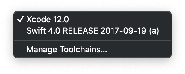 Xcode -> Tool Chains -> Select Swift 4.0 RELEASE 2017-09-19 (a)