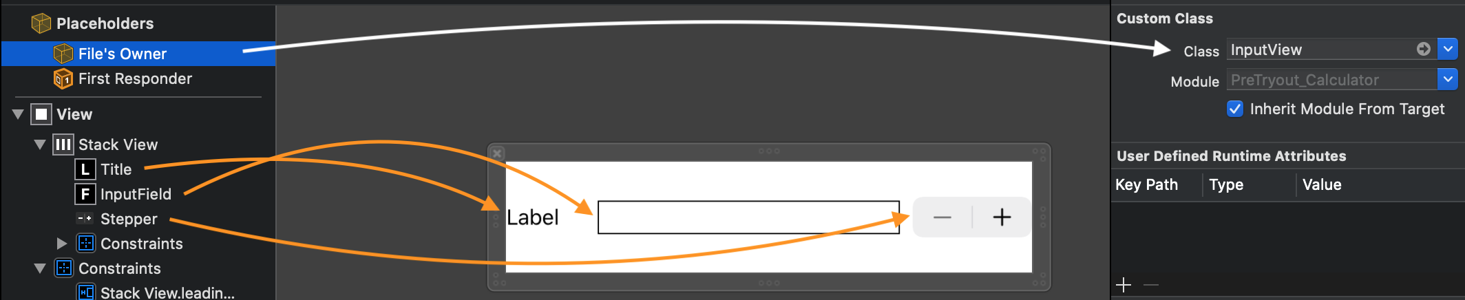 Look at Placeholders. The File’s Owner is pointing to InputView. The IBOutlet and IBAction are also linked to the InputView class.&nbsp;