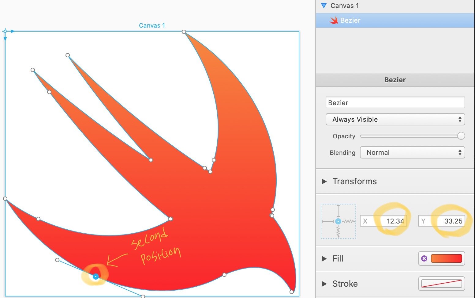 Second point is 12.34, 33.25. It is calculated by startPoint x: 29.885 - 17.54 = 12.35 and startPoint: y: 33.05 + 0.206 = 33.25.