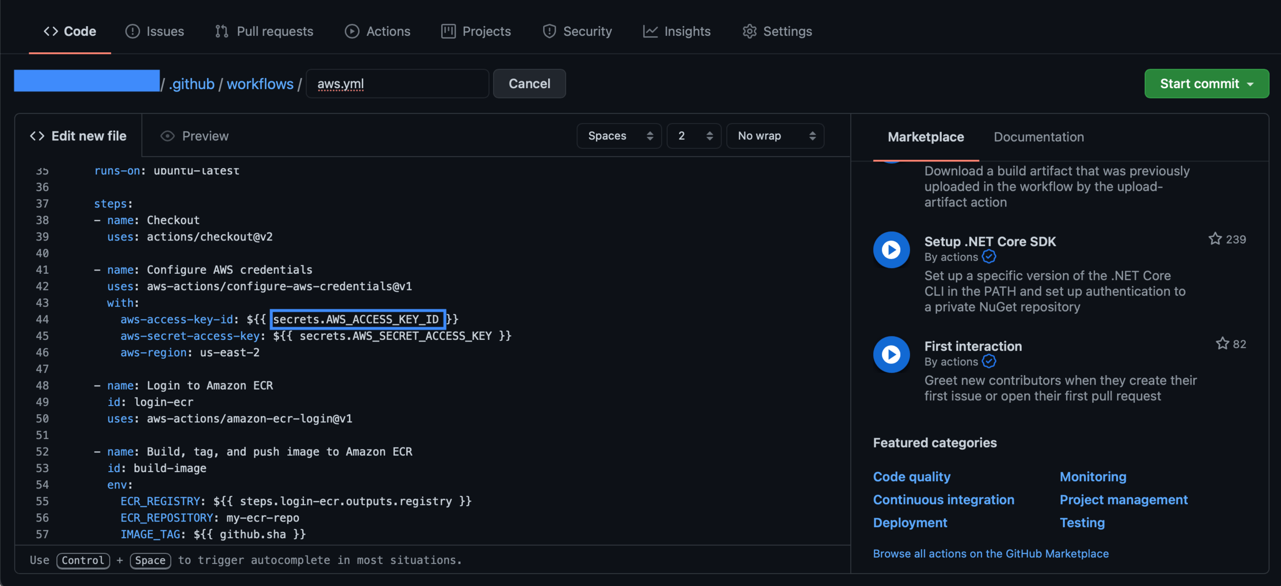 In the YML file, You can see the ${{ secrets.KEY }}. This KEY is Secret Environment Variables. You can set the values on your repository Settings tap.