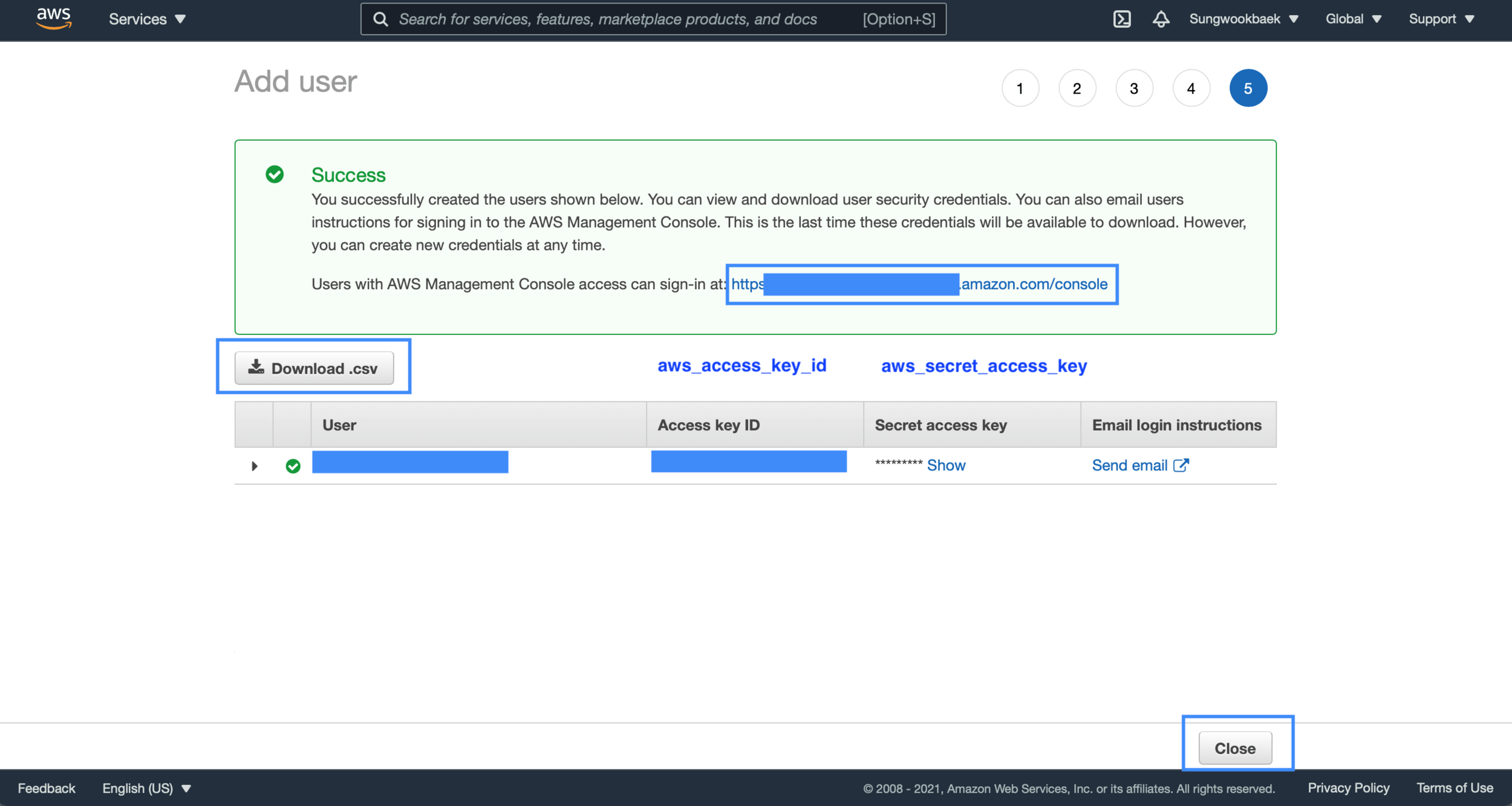 Step 1. You can check the access key and secret key in the CSV file of the IAM Account you create.