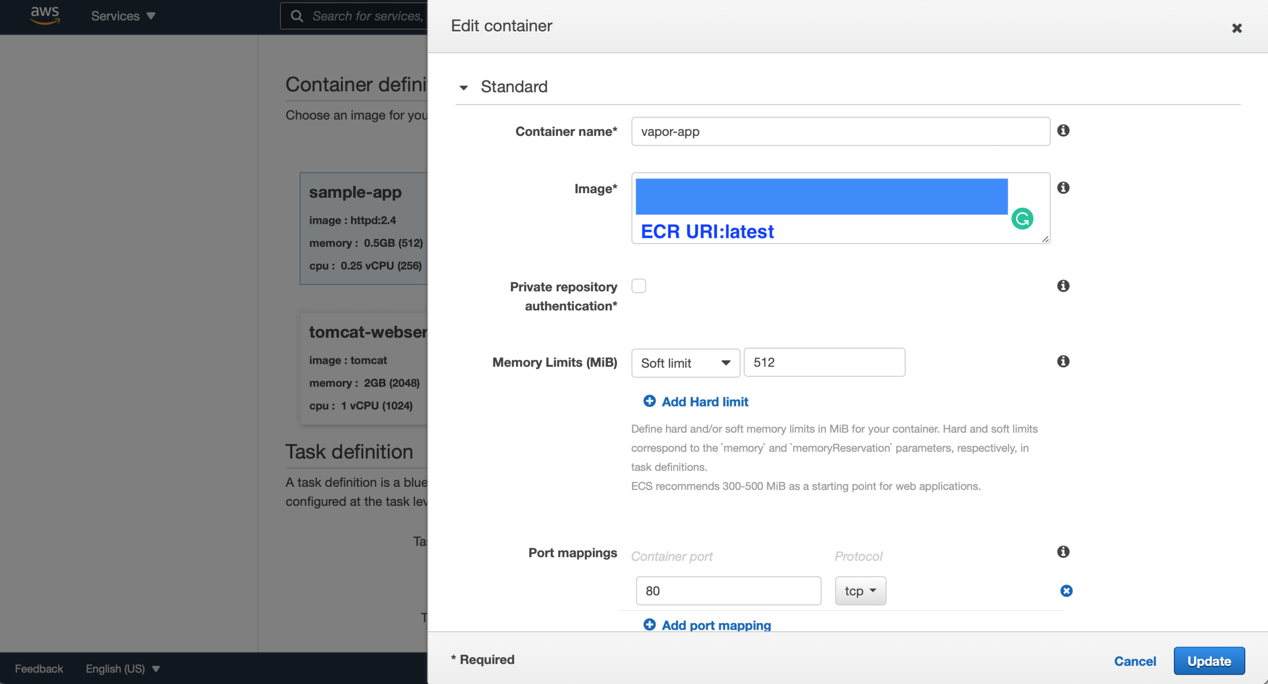 Paste your ECR URI you copied. e.g., ecrUri:latest