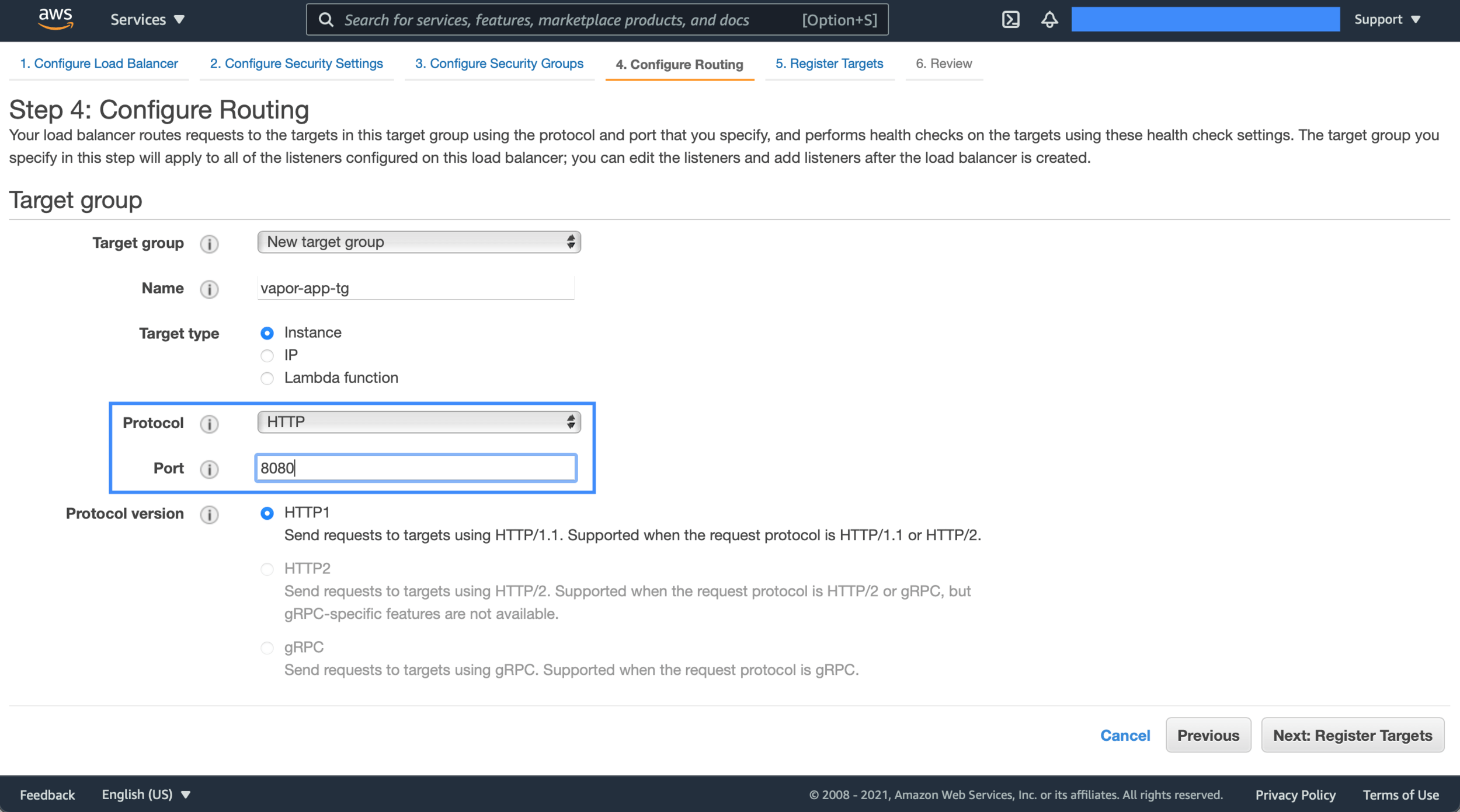 The vapor app uses 8080 as the default port. Let's set the routing port to 8080.